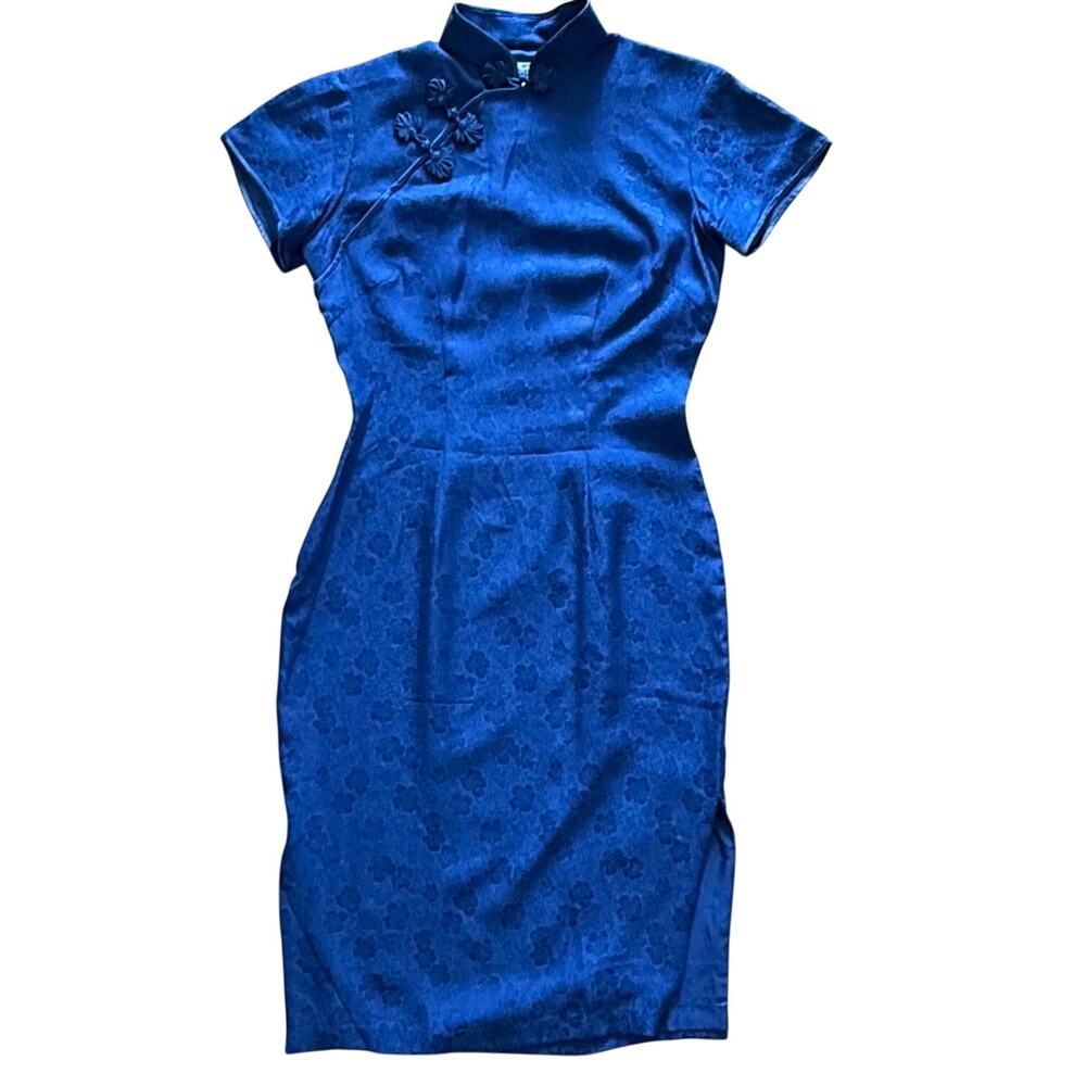 VTG Peony Brand 100% Silk Blue Qipao Cheongsam Sz 36 Shanghai-made Chinese dress